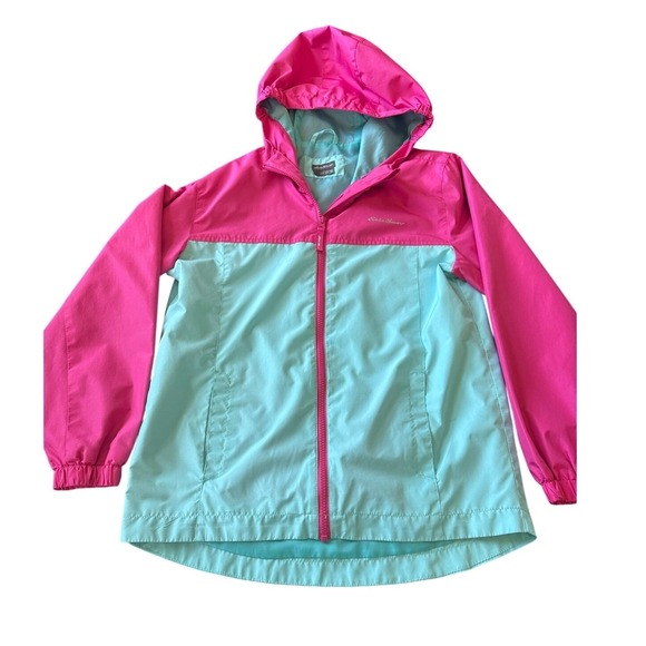 Eddie Bauer Other - Eddie Bauer Kids L 14/16 Pink Teal Hooded Full Zip Rain Jacket Windbreaker Gorp